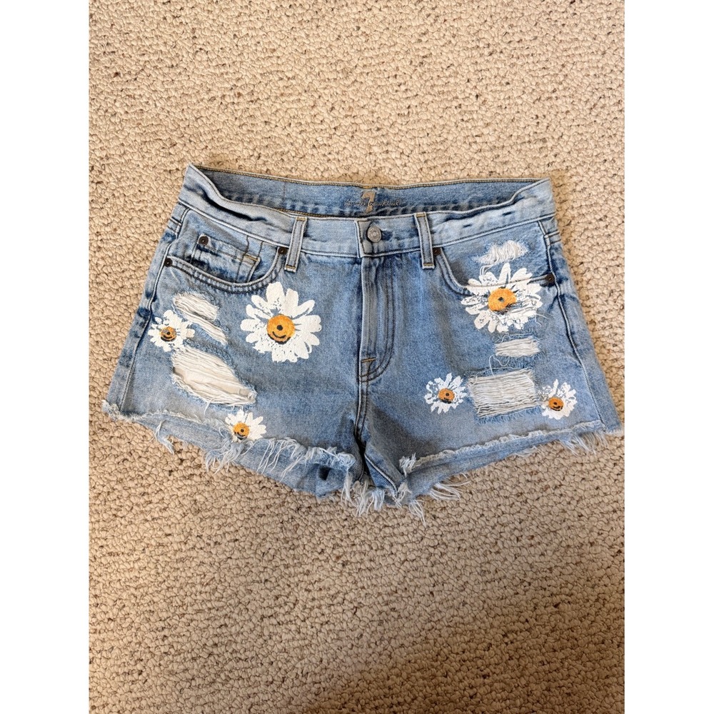 7 For All Mankind Destroy & Daisies Frayed Cutoff Denim Shorts Sz 28 Boho Y2K - Picture 2 of 11